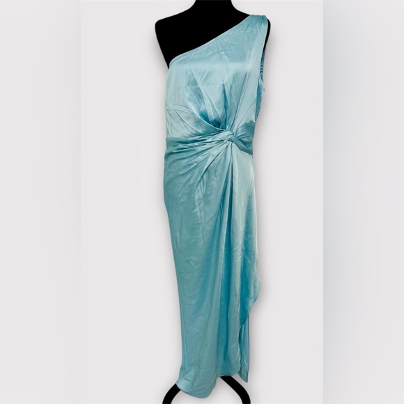 Abercrombie & Fitch One Shoulder Knotted Satin Midi Dress in light blue Sz L - Picture 11 of 11